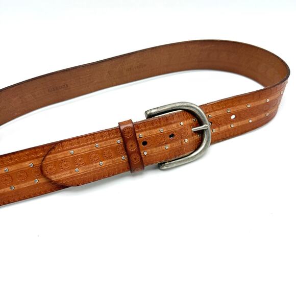 Fossil Boho Hippie Belt S 29-33 Brown Leather Studded Tooled Flowers Western - Picture 1 of 8